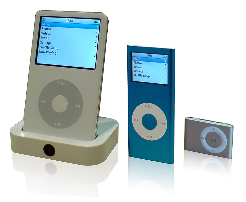 An iPod video, iPod nano, and iPod shuffle